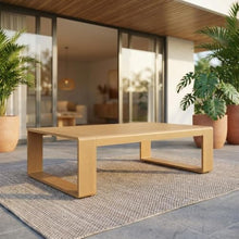 Outdoor Escape Aluminum Faux Wood Outdoor Coffee Table with Slatted Top, Rectangular Patio Coffee Table for Deck, Porch and Balcony, Natural