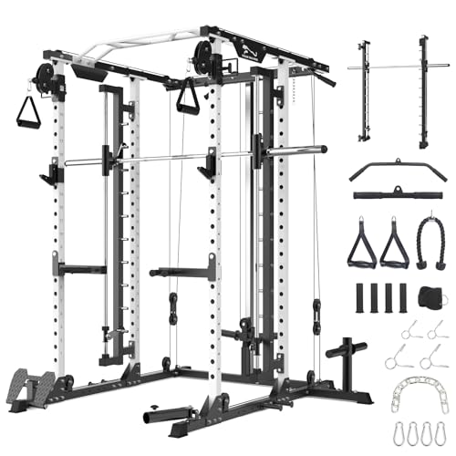 STMHOM Power Cage Smithbar White, 2000 Lbs Power Rack with Cable Crossover System, Multi-Functional Squat Rack with LAT Pulldown for Home Gym