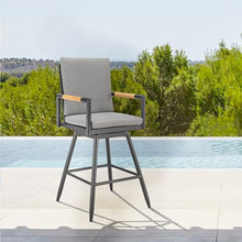 Armen Living Crown Outdoor Patio Swivel Bar Stool Black Aluminum with Wood Accent Dark Gray