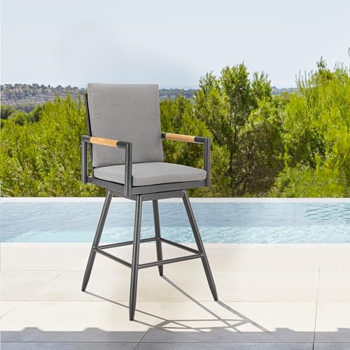 Armen Living Crown Outdoor Patio Swivel Bar Stool Black Aluminum with Wood Accent Dark Gray