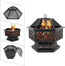 Outdoor Fire Pit Wood Burning Fireplace Patio Backyard Heater Steel Firepit Bowl Heavy Steel 24", Hex Shaped