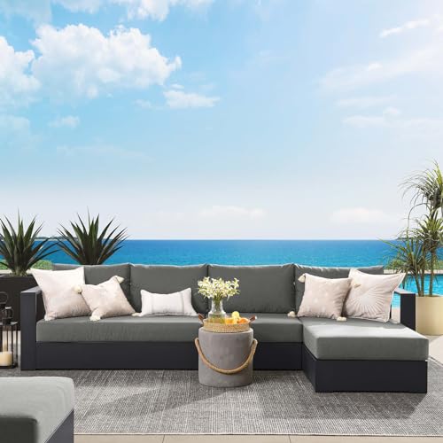 Modway Tahoe Modular Aluminum 3-Piece Outdoor Patio Furniture Gray Charcoal, Right-Facing Sectional Sofa Set with Weather-Resistant Cushions, Ideal for Deck, Backyard, Poolside