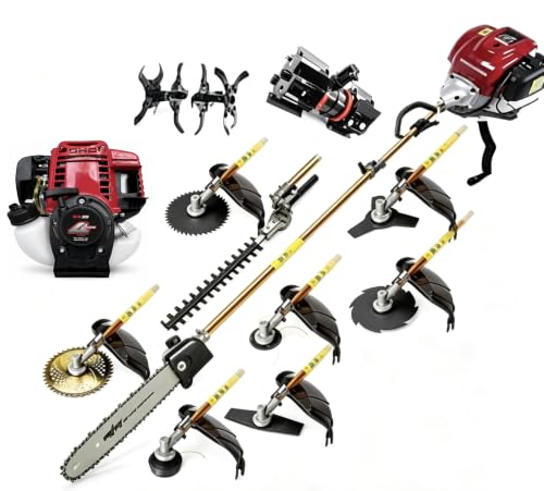 4‑Stroke GX35 Gas Powered Multi‑Functional Brush Cutter, Weed Eater Lawn Mower with 8 Replaceable Cutting Heads, Hedge Trimmer, Chainsaw Attachment, rototiller for Yard Garden Land Clearing