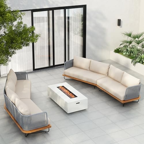 Christopher Knight Home Serena 8 Seater Outdoor Sofa Set with Cushions, Acacia Wood Patio Lounge Sofa with Woven Rope Back, Spacious Seating Couch for Backyard Garden Porch, Teak + Beige