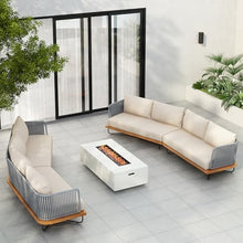 Christopher Knight Home Serena 8 Seater Outdoor Sofa Set with Cushions, Acacia Wood Patio Lounge Sofa with Woven Rope Back, Spacious Seating Couch for Backyard Garden Porch, Teak + Beige