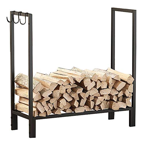 DOIBG Firewood Rack, Large Firewood Log Rack for Outdoor/Patio/Deck/Yard,Tall 75Cm Heavy Duty Iron Metal Kindling Logs Storage Stand with 3 Hooks,Black