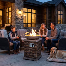 COSIEST Outdoor Propane Fire Pit Table w Faux Brown Compact Ledge Stone 20" Square Base and Faux Rose-Marble Round Bowl, Certified, 40,000 BTU, Free Lava Rocks, Fits 20lb Tank Inside, Raincover
