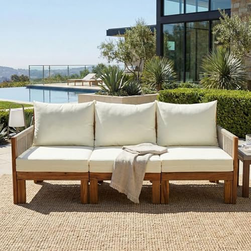 Merax Outdoor Daybed, Acacia Wood 3-Seat Patio Sofa Bed with Waterproof Cushions and Rope Woven Arms, Convertible Sleeper Couch with Pull-Out Function for Poolside, Backyard, Garden