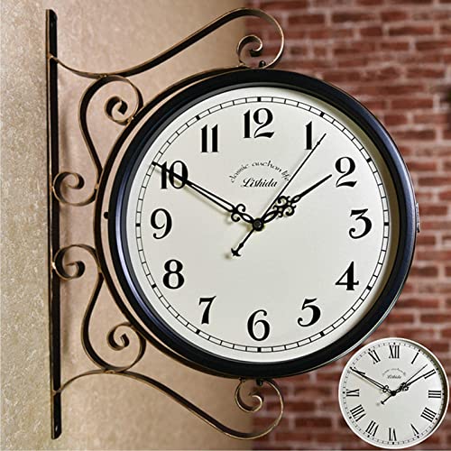 Wall Clock, Outdoor Garden Clocks, Station Clock Double-Sided Hanging Clock Wall Clock Retro Vintage Station Clock,B