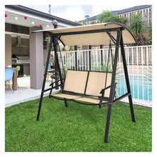 DINBOZ26X Park Bench Outdoor Swing Weather Resistant Porch Swing Adjustable Canopy Steel Frame Outdoor Modern Canopy Swing Handrail Outdoor Bench(Coffee)