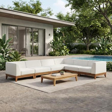 Outdoor Escape White Fabric Outdoor Patio Modular Sectional, Acacia Wood Finish, All-Weather Cushioned Seating, Durable Frame, Contemporary Style
