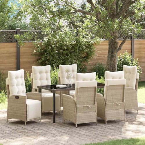 7-Piece Adjustable Outdoor Dining Set with Cushions, Beige Poly Rattan Patio Furniture Set for Garden Backyard, 6-Person Table and Chairs with Tempered Glass Top & Adjustable Footrests