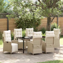 7-Piece Adjustable Outdoor Dining Set with Cushions, Beige Poly Rattan Patio Furniture Set for Garden Backyard, 6-Person Table and Chairs with Tempered Glass Top & Adjustable Footrests