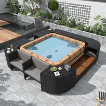 GDFStudio 105.5" x 105.5" Spa Surround Outdoor Patio Furniture Set, Quadrilateral Rattan Hot Tub Surround with Storage Cabinet, Wood & Cushioned Seats, Waterproof Cushions, Steel Frame, Grey