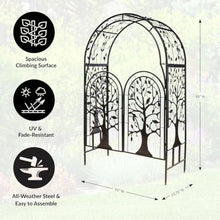Plow & Hearth Metal Tree of Life Arched Garden Arbor with Gate | 7 feet Tall Laser-Cut Design | Plant Support for Heavy Vines | Landscape Focal Point | Iron Steel