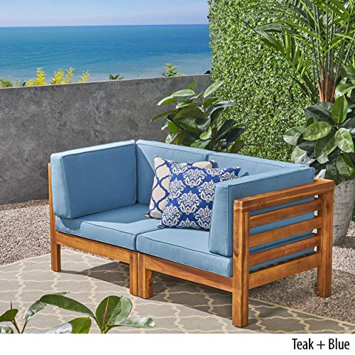 Great Deal Furniture GDFStudio Outdoor Sectional Loveseat Set 2-Seater Acacia Wood Teak Blue