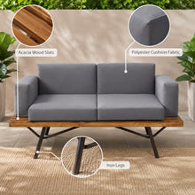 OYEFIT Acacia Wood Patio Loveseat with Gray Cushions and Metal Legs