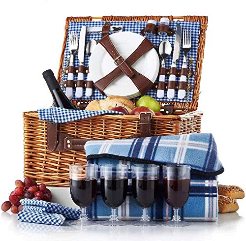 Storage Basket,Willow Woven Picnic with Lid for 4 People, Wicker Hamper Set, Portable Outdoor with Dishes