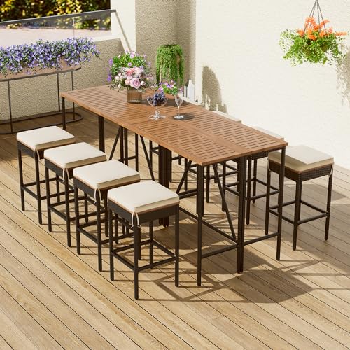 GO 10-Piece Outdoor Acacia Wood Bar Height Table And Eight Stools With Cushions, Garden PE Rattan Wicker Dining Table, Foldable Tabletop, High-Dining Bistro Set, All-Weather Patio Furniture, Brown