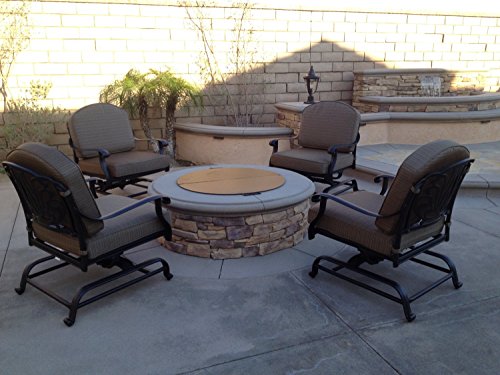 Patio Land Elizabeth Outdoor Patio 4 Club Rocker Chairs Spring Base Cast Aluminum Dark Bronze Walnut
