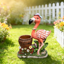 Outdoor Flamingo Planter Urn with Solar LED Lights, Resin Welcome Garden Statue Flower Container for Patio Porch Balcony Courtyard Walkway Lawn Entryway Decorative Yard Accent (Female Flamingo)