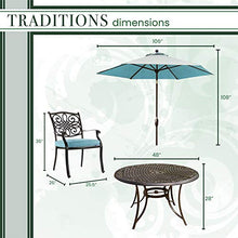 Hanover 5-Piece Traditions 48" Cast-Top Aluminum Patio Dining Set with Cushioned Chairs and Umbrella Stand Blue