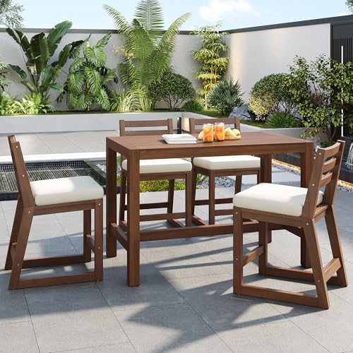 Spollowe 5-Piece Outdoor Acacia Wood Patio Bar Set, Rustic High-Top Dining Table and 4 Ergonomic Chairs with Beige Cushions, Space-Saving Furniture for Poolside, Balcony, Backyard, Mocha