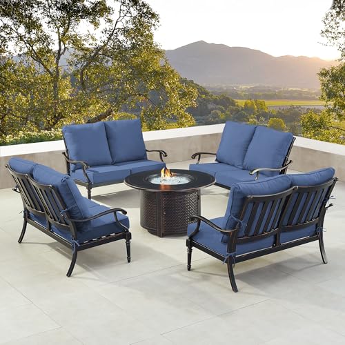 Oakland Living Black Aluminum Patio Fire Table Set with Four Deep Seating Loveseat with Cushions with Blue Cushions