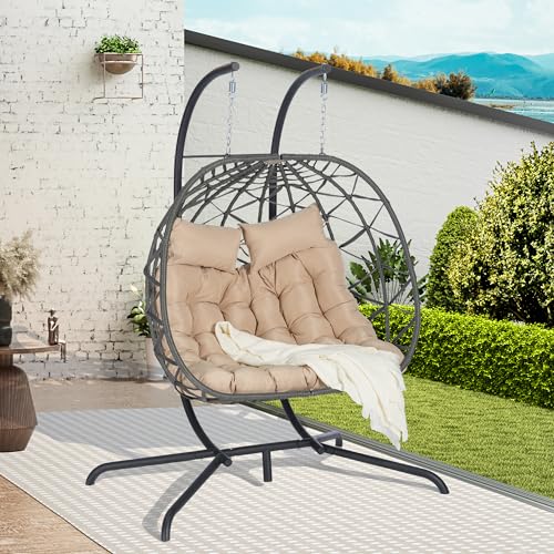KEIKI Double Swing Egg Chair with Stand, Patio Rattan Wicker Hammock Egg Chair with UV Cushion, 2 Person Outdoor Indoor Hanging Basket Chair, 600LBS Capacity for Balcony, Khaki and Gray