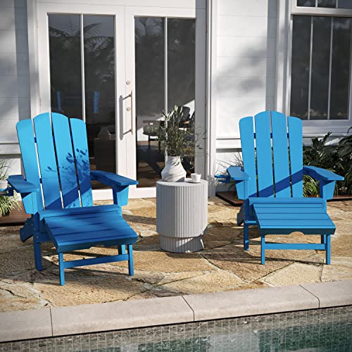 Taylor & Logan Hedley Adirondack Chair with Cup Holder and Pull Out Ottoman, All-Weather HDPE Indoor/Outdoor Lounge Chair in Blue, Set of 2