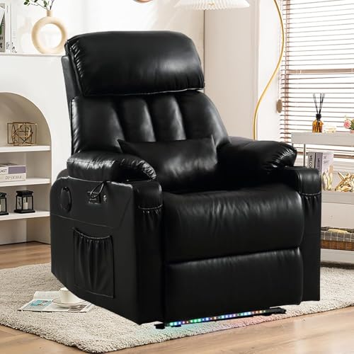 Power Recliner Chair with Massage and Heat for Elderly, Ergonomic Lounge Electric Reclining Sofa with USB Port, Cup Holders, Black Leather Home Theater Seating
