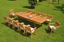 WholesaleTeak 12 Seats 13 Pcs Grade-A Teak Wood Dining Set: 122" Atnas Double Extension Rectangle Table and 12 Arbor Stacking Arm Chairs #WHDSAB81