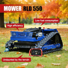 Remote Control Lawn Mower, 21.65 Inch Cutting Width, Adjustable Height,Oil-Electric Hybrid Crawler Track Mower, 45° Slope Climbing, High Power Strong Mower, All-Terrain for Steep Slopes Large Lawns