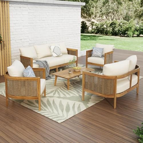 Merax 5-Piece Outdoor Acacia Wood Wicker Conversation Set Beige