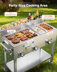 VEVOR Outdoor Propane Griddle, 3 Burners (11,600 BTU Each), Commercial Stainless Steel Griddle with Two 1/3 Size Food Warming Pans, Portable Cart with 4 Lockable Wheels, for Hot Dogs, Burgers & Meats