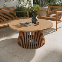 Modway Lane 39 Inch Teak Wood Outdoor Round Coffee Table in Natural – Slatted Patio Table with Pedestal Base for Patio, Balcony, Deck, Backyard, Terrace Or Sunroom