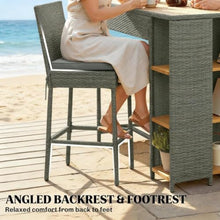 Hassyee 5 Pieces Wicker Bar Set with Acacia Wood Bar Table and Washable Cushions for Poolside, Lawn, Outdoor Furniture Set with Three Tier Shelves for Garden, Balcony (Grey)