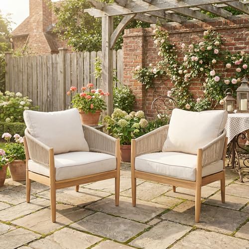 Merax Patio Chairs Set of 2, Bohe Style Acacia Wood Outdoor Club Chairs with Cozy Cushion & Rope-Weave Backrest, Outdoor Armchair for Garden Balcony Backyard Outside Dining Reading Relax, Light-Brown