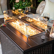 Nuu Garden Outdoor 43 Inch 50,000 BTU Propane Gas Fire Pit Table, Aluminum Tabletop and PE Rattan Weaved Steel Frame, Water-Proof Oxford Cover, Glass Fire Pit Wind Guard, Glass Beads, Lid, Dark Brown