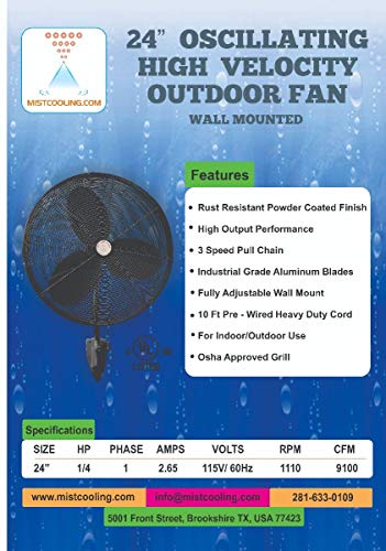 Outdoor Patio Fan - 24 Inch Oscillating Fan - Wall Mount Black Fan - Misting Fan Systems Outdoor Fan - Weather Proof Fan - With Fan Ring and Nozzles for Patio Misting Fan (24 inch - Black)