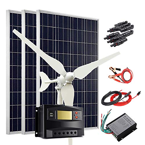 400W Wind Solar Kit 12V Off Grid System: 100W Wind Turbine Generator + 3pcs 100W Poly Solar Panel + Wind Controller + Solar Charge Regulator + Cables