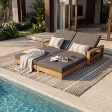 Double Acacia Wood Chaise Lounge Set, 1 Double Recliner with 2 Pieces 3-Fold Dark Grey Cushions, 4-Position Adjustable Backrests, 4 Inch Water Resistant Cushion, 800 LBS Capacity for Patio, Poolside