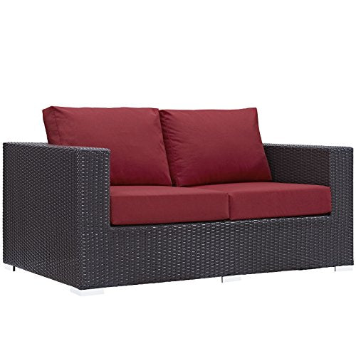 Modway Convene Wicker Rattan Outdoor Patio Loveseat with Cushions Espresso Red