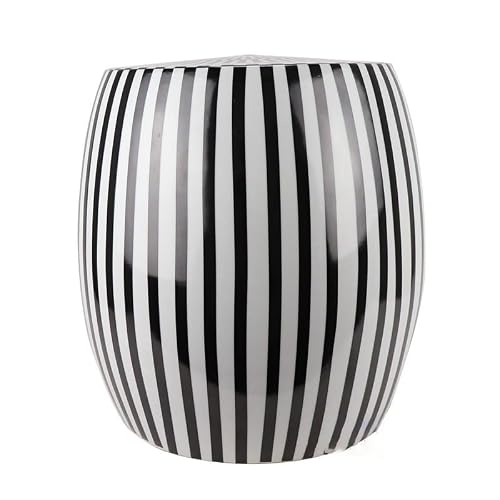 LINKIO Garden Stool Decorative Ceramic Garden Stool, Black Striped Drum Design, Indoor Outdoor Use Ottomans