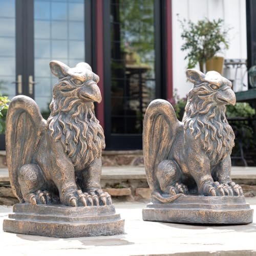 Zaer Ltd. Set of 2 Garden Griffin Statues, Magnesium-Cement Sculptures, 28.3" H Outdoor Entrance Decor (Aged Bronze)