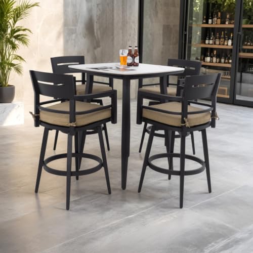 5 Pieces Patio Bar Set with 4 Bar Swivel Chairs and Sintered Stone Bar Table for Poolside, Outdoor Furniture Set with Aluminum Frame and Removable Cushions for Backyard (5 PCS + Brown + Swivel chairs)