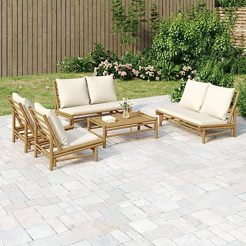LKJVFCPW 5 Piece Bamboo Patio Lounge Set with Cream White Cushions, Rustic Garden Bench and Chairs for Outdoor Seating
