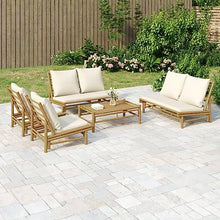 LKJVFCPW 5 Piece Bamboo Patio Lounge Set with Cream White Cushions, Rustic Garden Bench and Chairs for Outdoor Seating