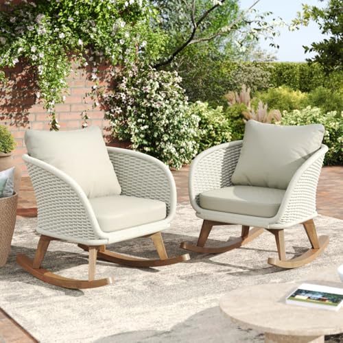 Hassyee Outdoor Solid Wood Rocking Chair w/PE Wicker Accents for Garden, Rustic Wooden Patio Rocker w/Thick Padded Back & Seat for Balcony, Bistro Rocking Armchair for Porch, Deck, Yard (Beige-2pcs)