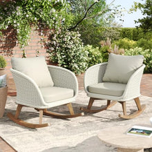 Hassyee Outdoor Solid Wood Rocking Chair w/PE Wicker Accents for Garden, Rustic Wooden Patio Rocker w/Thick Padded Back & Seat for Balcony, Bistro Rocking Armchair for Porch, Deck, Yard (Beige-2pcs)